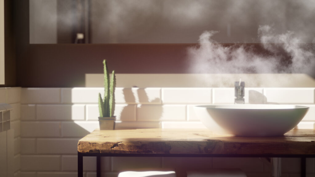 Steamy bathroom, wood counter with white bowl sink