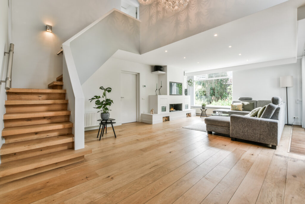 wide pine flooring in a modern living room